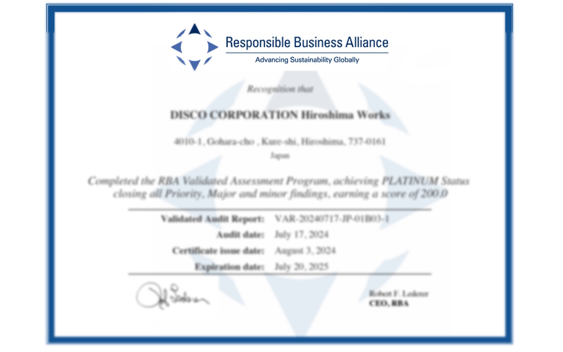 Earned Platinum Status in the RBA VAP Audit